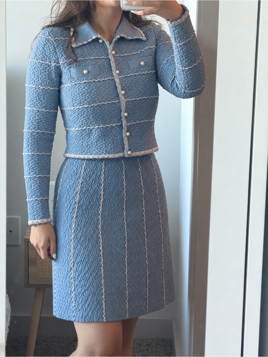 Sandro Jackets & Blazers - Sandro Light Blue Textured Pearl-Button Jacket and skirt